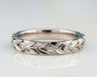 Nature Inspired Vintage Art Deco Band, Dainty Half Eternity Stackable Promise Ring, Round Cut Moissanite Anniversary Bezel Set 925 Silver