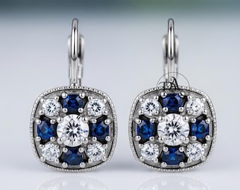 Elegant Vintage Dainty Blue Sapphire Earrings, Halo Lever Back Earrings, Round Cut Diamond Weddings & Special Occasions Earrings, 925 Silver
