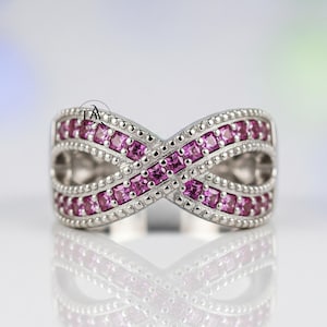 Ring i vintagestil i art déco-stil, förlovningsring med rosa rubin och prinsesslipad diamant, halv alliansring för henne, korsslipad silverring i 925