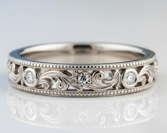 Nature Inspired Half Eternity Bezel Set Band, Leaf Inspired Moissanite Ring, Round Cut Diamond Wedding Ring, Milgrain Ring, 925 Silver Ring