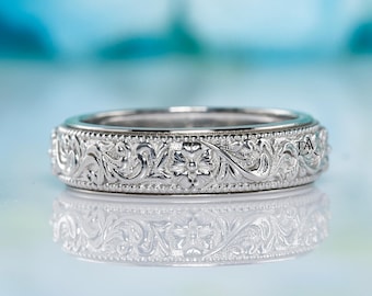 Antique Vintage Art Deco Ring, Nature Inspired Band, Floral Inspired Ring, Full Eternity Wedding Band, Stackable Wedding Ring, 925 Silver