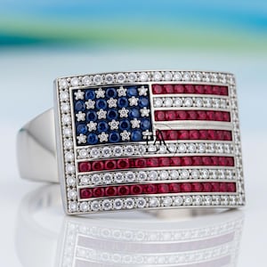 Può includere: Un anello d'argento con un design rettangolare della bandiera americana. Il design della bandiera incorpora zaffiri blu per le stelle, rubini rossi per le strisce e diamanti bianchi sul bordo. L'anello ha una superficie lucida e riflettente.