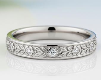 flower Vintage Art Deco Wedding Band, Full Eternity Stackable Promise Rings for Women, Round Cut Moissanite Anniversary Bezel Set 925 Silver