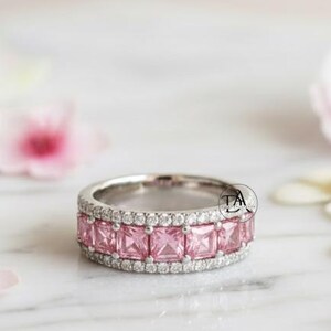 Three Row Diamond Band, Asscher & Round Cut Pink Diamond Wedding Band, Full Eternity Band, Stackable Matching Band, 14k White Gold Band