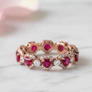 Ruby Diamond Heart Shape Eternity Band, Round Diamond Halo Wedding Band, Stackable Matching Band, Valentine's Day Gift Band, 14k Gold Band
