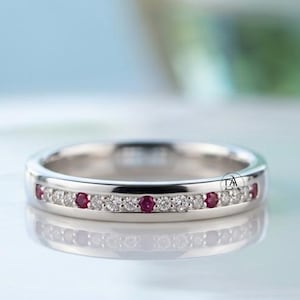 Round Cut Pink Ruby Diamond Wedding Band, Stackable Anniversary Ring, Half Eternity Delicate Ring, Minimalist Diamond Band, 925 Silver Band