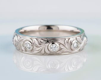 Nature Inspired Moissanite Ring, Bezel Set Full Eternity Wedding Band, Round Cut Diamond Stackable Band, Leaf Inspired 925 Silver Ring