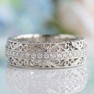 Scroll Work Filigree Band, Round Cut Moissanite Wedding Band, Full Eternity Stackable Band, Vintage Art Deco Style Milgrain Band, 925 Silver