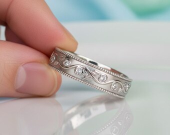 Edwardian Nature Inspired Moissanite Ring, Full Eternity Bezel Set Band, Round Cut Diamond Stackable Band, Leaf Inspired 925 Silver Ring