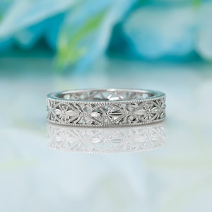Art Deco Ring, Nature Inspired Open Work Band, Filigree Gift Ring, Full Eternity Wedding Band, Stackable Wedding Ring, 14k White Gold Ring