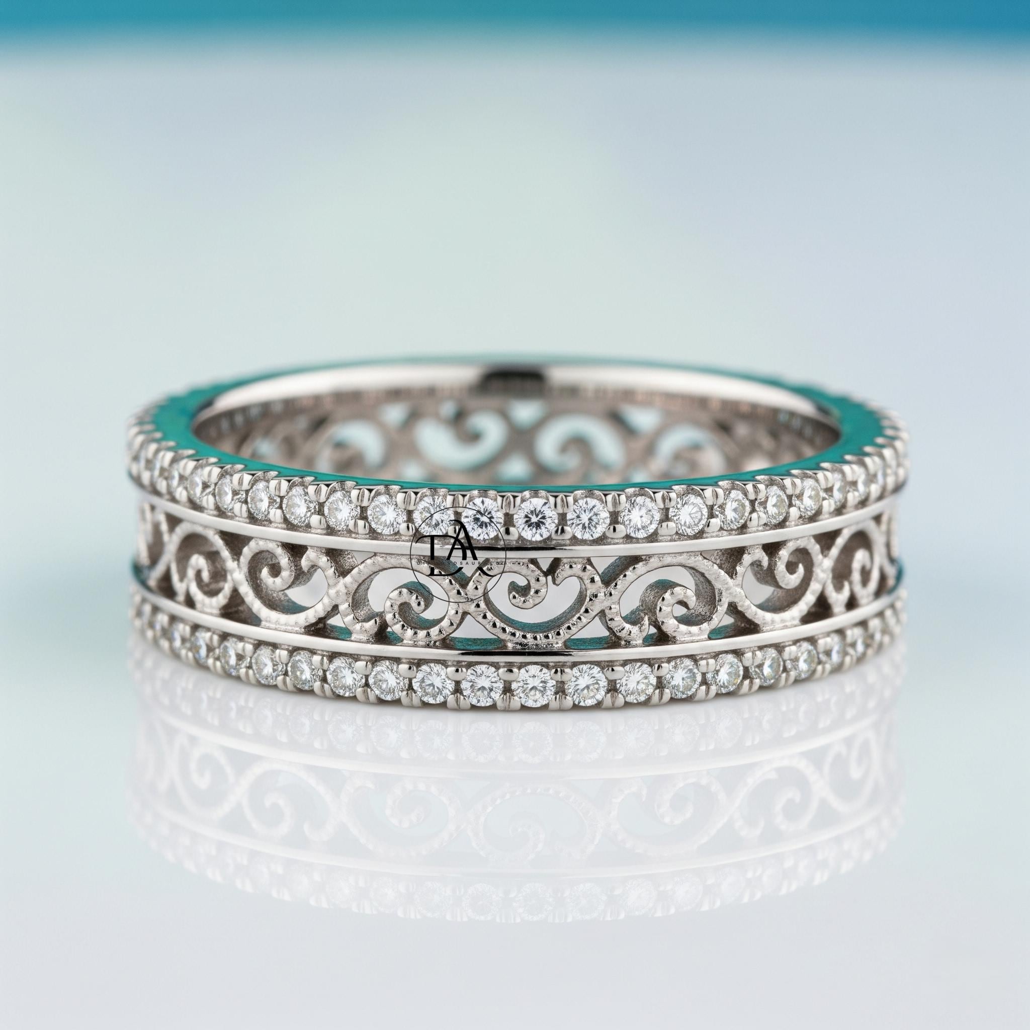 Filigree Full Eternity Vintage Wedding Band, Stackable Moissanite Ring