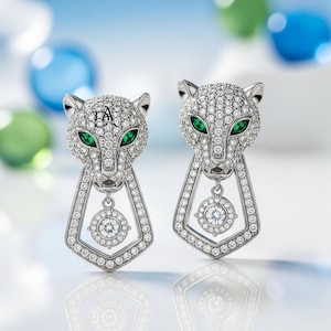 Art Deco Design Panther Cat Head Earrings, Round Cut Diamond Wedding Earrings For Women, Animal Inspired 925 Silver Push Back  Earrings