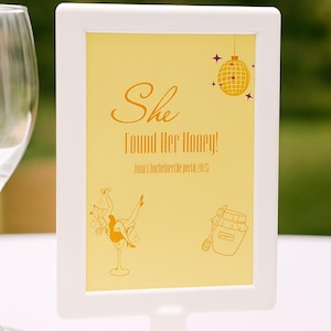 Plantilla de letrero para despedida de soltera "Ella encontró su amor" / Tema disco retro / Letrero de mesa editable en Canva / Decoración imprimible para despedida de soltera