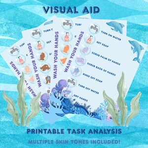 May include: A visual aid for hand washing, featuring aquatic-themed illustrations and text. The design includes steps like turning on water, getting soap, scrubbing hands, and drying. The text reads "Aquatic Hand Washing Visual Aid" and "Printable Task Analysis."