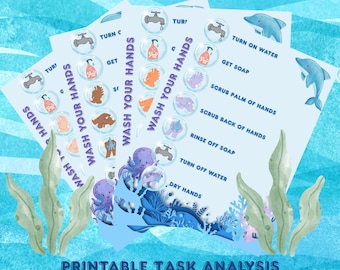 Hand Washing Task Analysis – Aquatic Theme Printable with Multiple Skin Tones | Visual Hygiene Chart