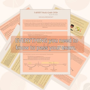 Könnte beinhalten: Ein Studienführer mit dem Titel "Full RBT Study Guide 2026" mit dem Text "EVERYTHING you need to know to pass your exam." Der Leitfaden behandelt Mess- und Bewertungsthemen. Der Hintergrund zeigt andere Lernmaterialien.