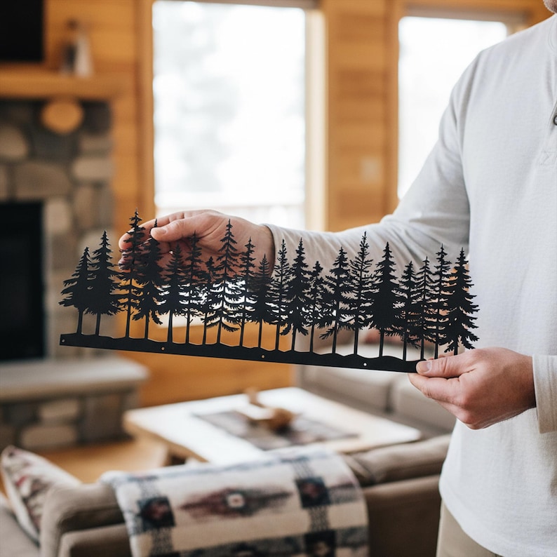 Modern Rustic Pine Tree Metal Wall Art, Cabin Fireplace Wall Art ...