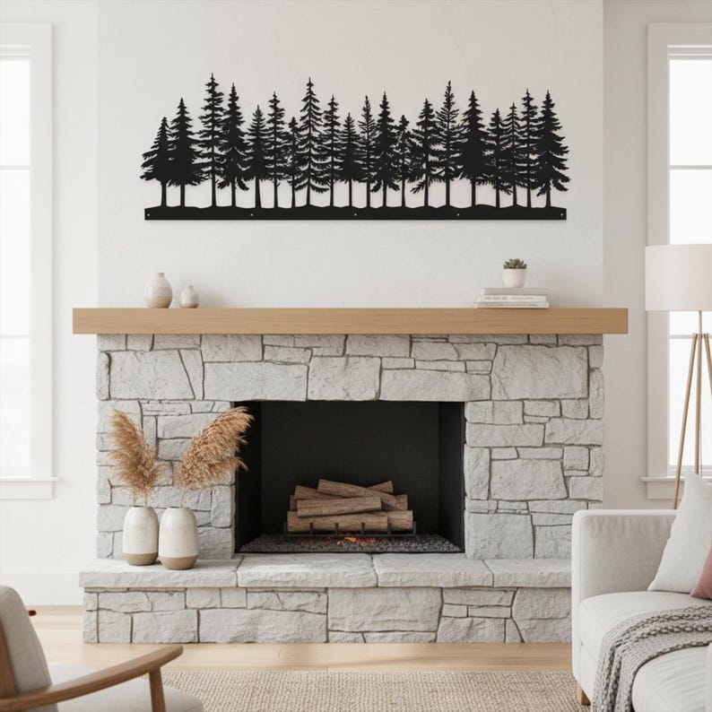 Modern Rustic Pine Tree Metal Wall Art, Cabin Fireplace Wall Art ...