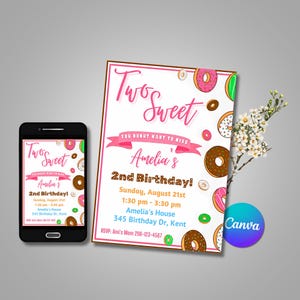 Zwei süße Geburtstagseinladung, 2. Geburtstagskind einladen, Donut Candy Dessert Party, bearbeitbare Vorlage, druckbarer digitaler Download
