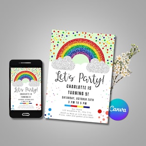 Invitación de cumpleaños con purpurina arcoíris, invitación con purpurina colorida, invitaciones para fiesta de niña, invitación de cumpleaños infantil, tarjeta de fiesta con temática arcoíris