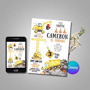 Construction Birthday Invitations, Construction Invitation, Dump Truck Party Invite, Printable Template, Kids Vehicles Party Invitations