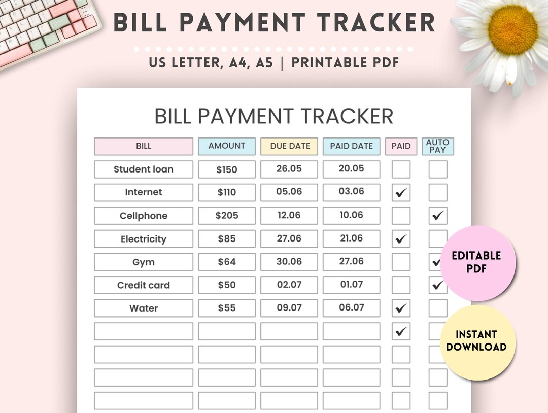Editable Monthly Bill Payment Tracker, Printable Expense Tracker ...