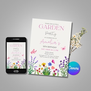 Wildflower Birthday Invitation, Garden Party Invite Girl 18th Birthday Pink Purple Wild Flower Floral Spring Flowers Butterfly EDITABLE