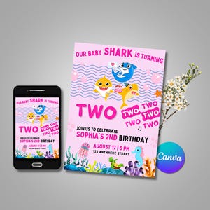 Mädchen-Baby-Hai-Geburtstagseinladung, rosa Baby-Hai-Party einladen, Mädchen-Kinder-Party einladen, bearbeitbarer digitaler Download, 1.2.3