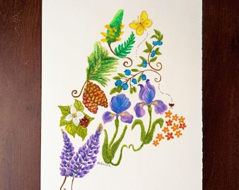 Maine State Botanical Wall Art - Unframed Giclée Print