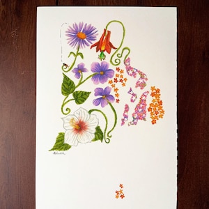 May include: A vertical rectangular art print on white paper featuring a colorful botanical illustration. The artwork displays a variety of flowers including a large white hibiscus, purple blossoms, and red columbine, with the name Adarsh signed.