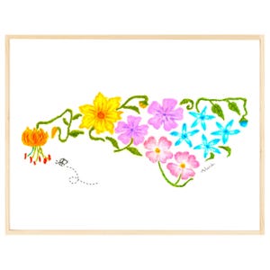 North Carolina Wildflowers State Art Print | Hand-Drawn Unframed Floral Botanical Decor | Ideal Housewarming North Carolina Gift for Women