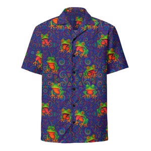 May include: Short-sleeved button-down shirt with a vibrant pattern of green frogs with orange bellies and tongues, set against a swirling blue and purple background. The shirt has a classic collar and button closure.