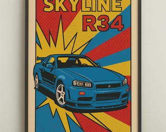 日産スカイライン R34 ポスター – JDM ポップアート カーウォールアート – デジタルダウンロードプリント – ガレージ、男の隠れ家、車愛好家へのギフト