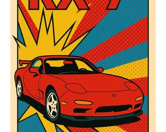 マツダ RX-7 ポスター – レッド JDM カー ポップアートプリント、インスタントデジタルダウンロード、RX7 ウォールアート A4 A3 18x24インチ