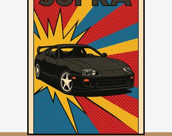 トヨタ スープラ MK4 ポスター – ブラック JDM カー ポップアート ウォールプリント、インスタントダウンロード、スープラ ウォールアート A4 A3 18x24インチ