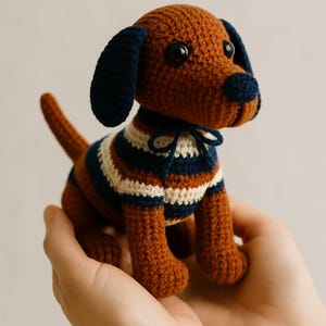 Może przedstawiać: Ręcznie robiona figurka psa na szydełku w odcieniach brązu, granatu i kremu. Pies ma ciemne oczy, oklapnięte uszy i sweter w paski. Pies ma około 15 cm wysokości.