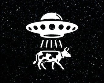 Vinylsticker UFO koe ontvoering grappig buitenaards wezen
