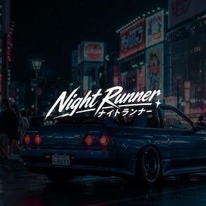 May include: A dark blue sports car parked on a wet city street at night, featuring round red taillights and a licence plate reading 9073. The text Night Runner and Japanese characters are overlaid in white script across the centre of the image.