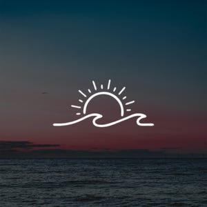 May include: A white line art illustration of a sun setting over ocean waves. The image is set against a gradient background of dark blue, red, and black, with a calm sea in the foreground. The design evokes a sense of peace and tranquility.