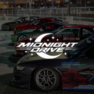 May include: A graphic logo featuring a white crescent moon and four-pointed stars centered over the text MIDNIGHT DRIVE in a bold, italicized font. The design is overlaid on a dark, blurred background showing several parked sports cars at night.