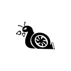 May include: Black and white graphic of a snail with a turbocharger shell. The snail has an angry expression and is expelling exhaust. The design is a humorous take on automotive performance.