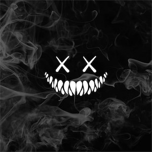 May include: A black and white graphic design featuring a stylized, grinning face with cross-shaped eyes and sharp teeth. The face is set against a backdrop of swirling smoke, creating a dark and edgy aesthetic.
