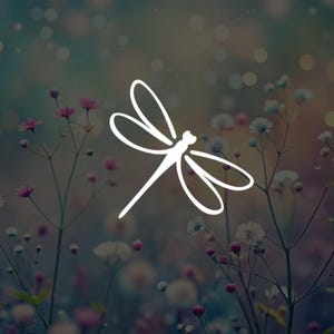 May include: A white dragonfly outline is set against a blurred backdrop of pink, white, and green flowers. The dragonfly's slender body and delicate wings create a sense of nature and peace.