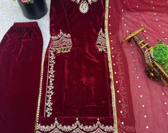 Embroidered Velvet Pakistani Indian Wedding Dress Shalwar Kameez Palazzo Suit