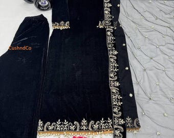 Embroidered Velvet Salwar Kameez: Black Kurta Palazzo Suit