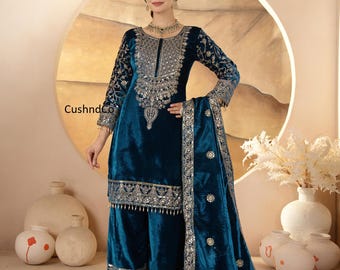 Embroidered Velvet Salwar Kameez: Blue Kurta Palazzo Suit