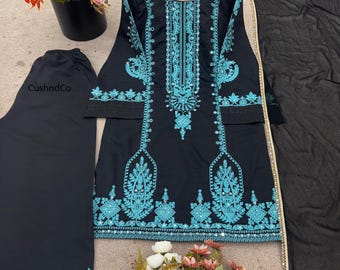Embroidered Cotton Salwar Kameez Suit, Mirror Work, Dupatta
