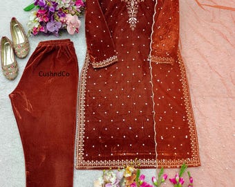 Salwar Kameez de terciopelo bordado: Traje Kurta Palazzo