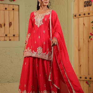 Chinon silk Embroidered Sharara Suit | Sequins Work Kurta Set with Dupatta | Party Wear Pakistani Sharara Dress | Stitched Indian Outfit