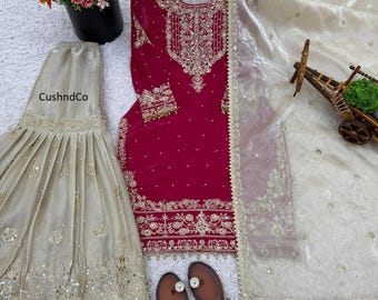 Embroidered Sharara Suit with Dupatta, Pakistani Wedding Outfit